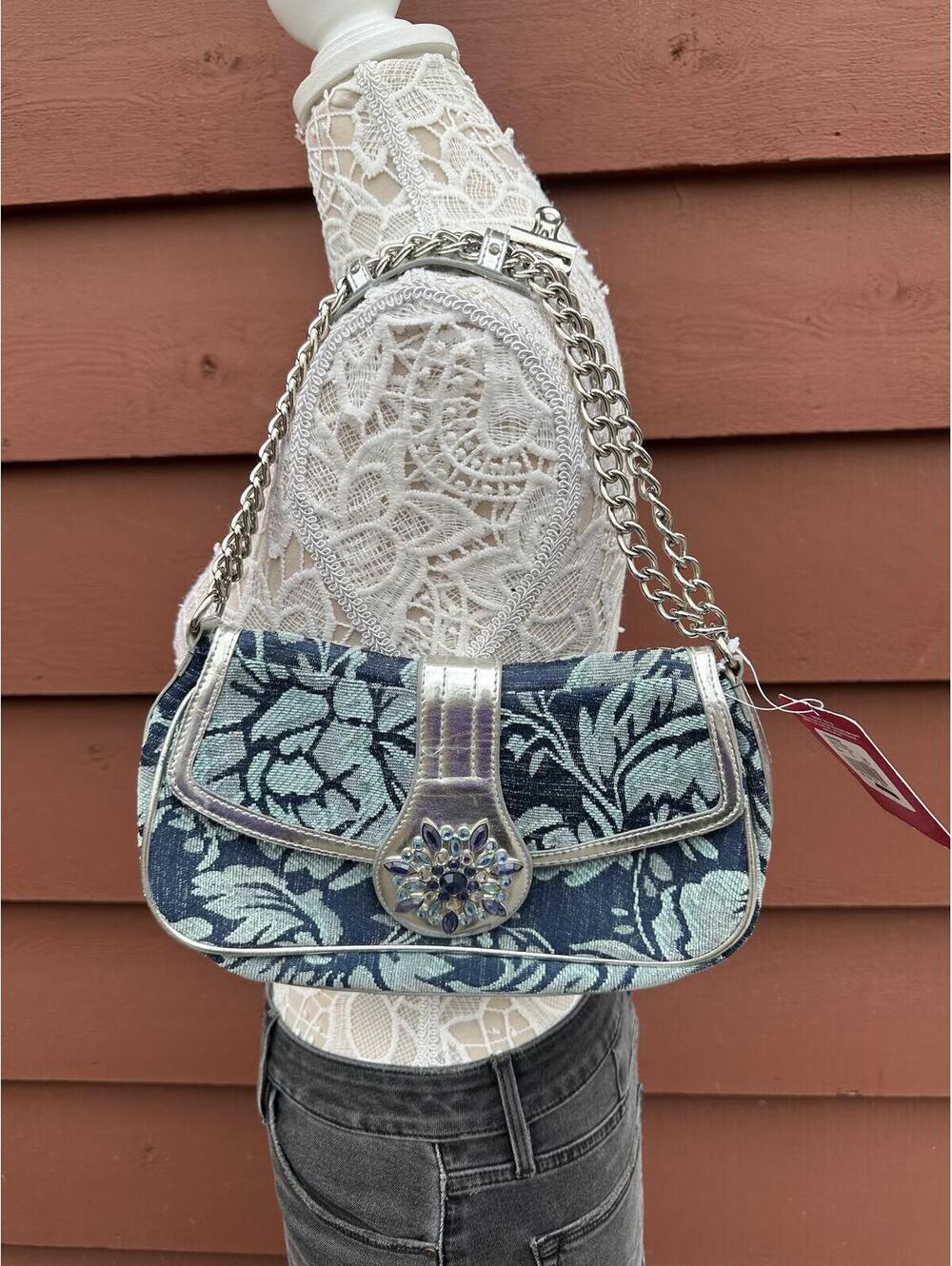 Vintage NWT Xhilaration Floral Denim Shoulder Bag with Silver Chain